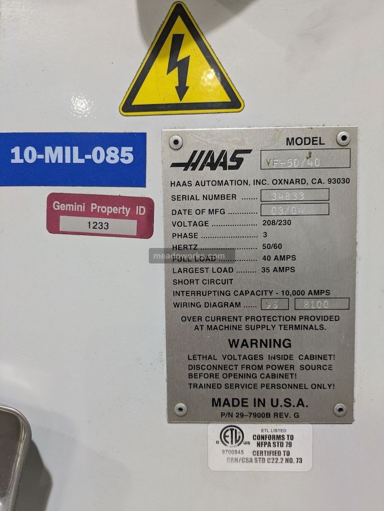 2004 Haas VF-5D/40 CNC Vertical Machining Center - Image 6
