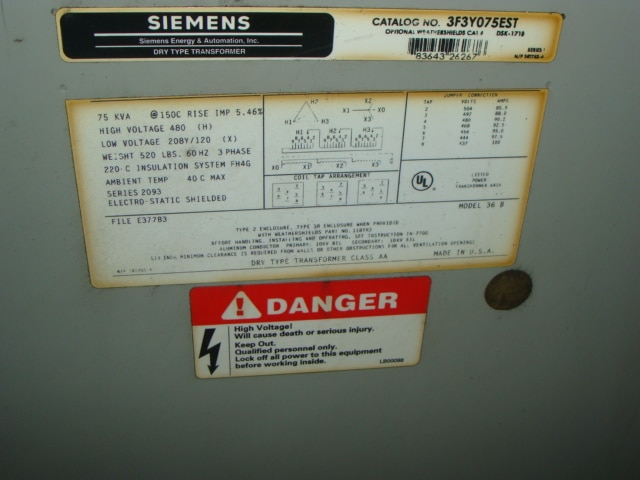 Used Siemens 3F3Y075ST - 75 KVA Transformers - View 2