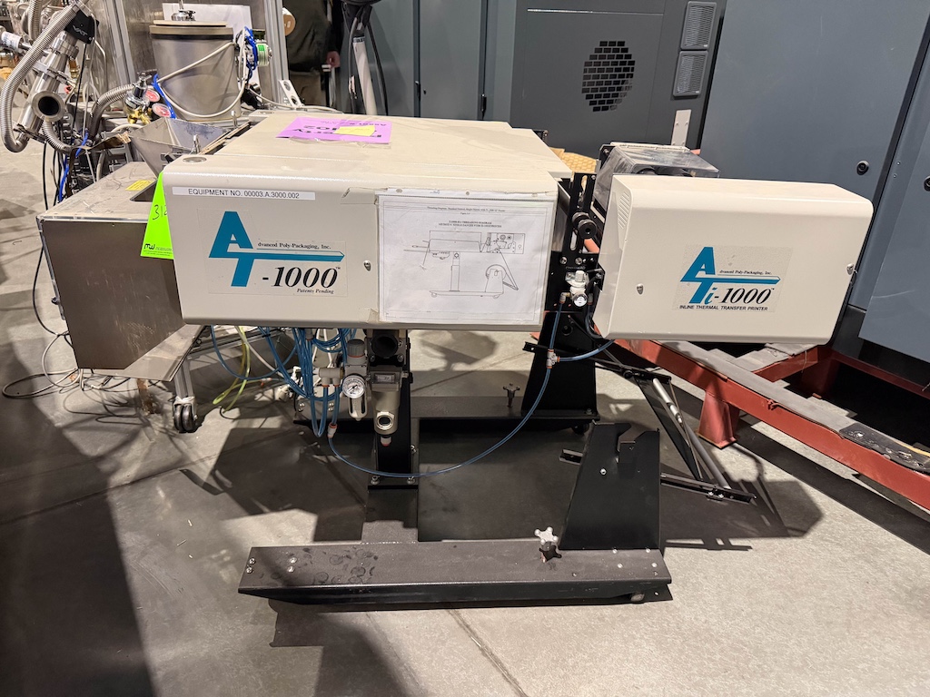 Used Advanced Poly-Packaging Vertical Bagger w/Ti-1000 Thermal Transfer Printer Conveyors