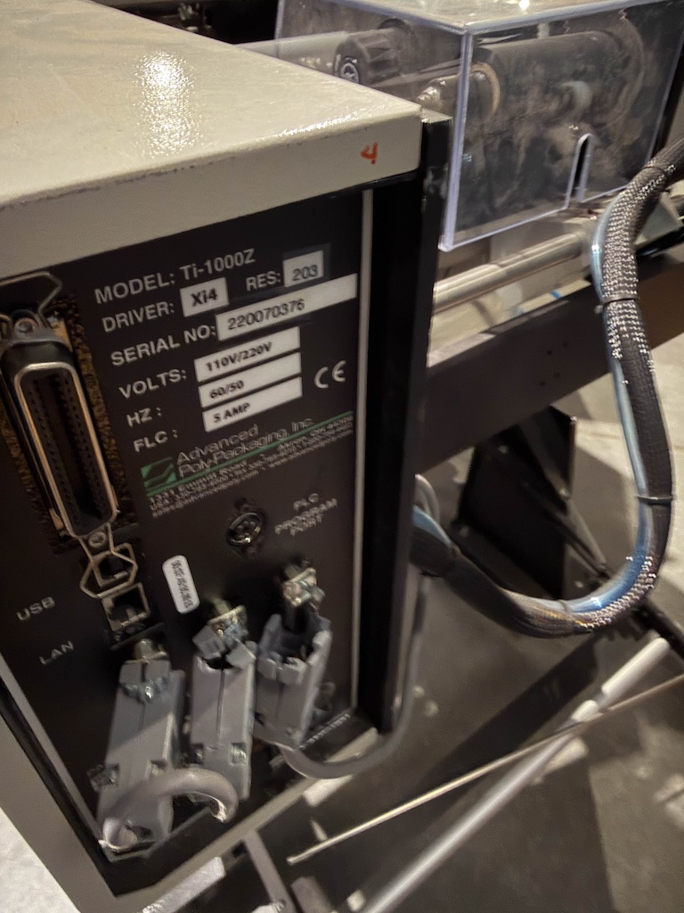 Used Advanced Poly-Packaging Vertical Bagger w/Ti-1000 Thermal Transfer Printer Conveyors - View 9
