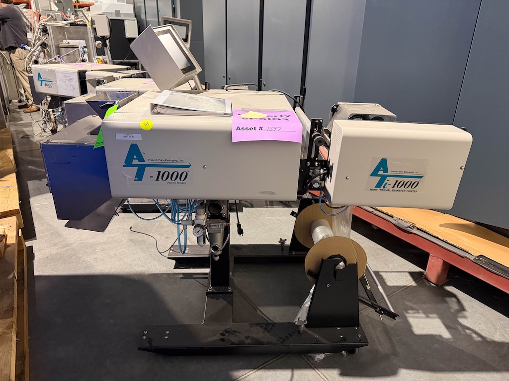 Used Advanced Poly-Packaging Vertical Bagger w/Ti-1000 Thermal Transfer Printer Conveyors